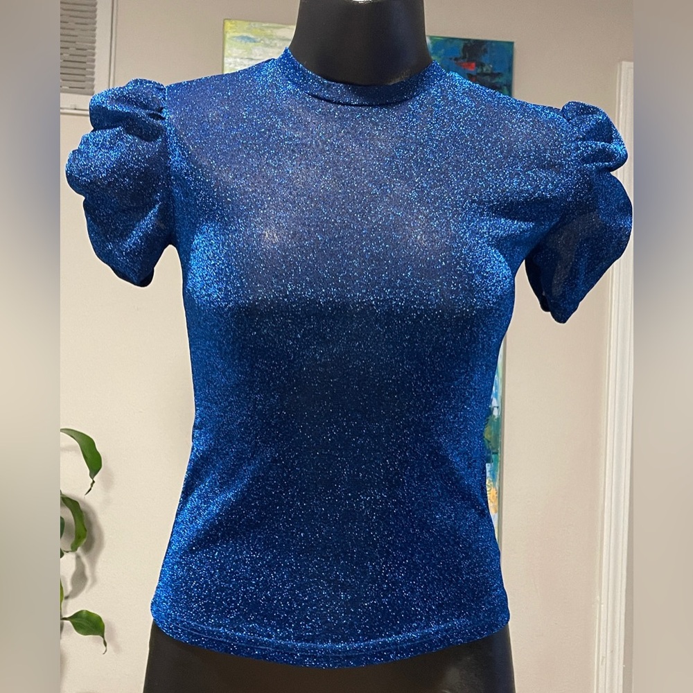 Blue Glitter Women's Top with Puffer Sleeves, Size Small